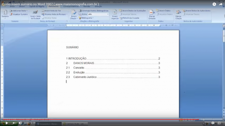 Como inserir sumário da Monografia ou TCC no Word 2007